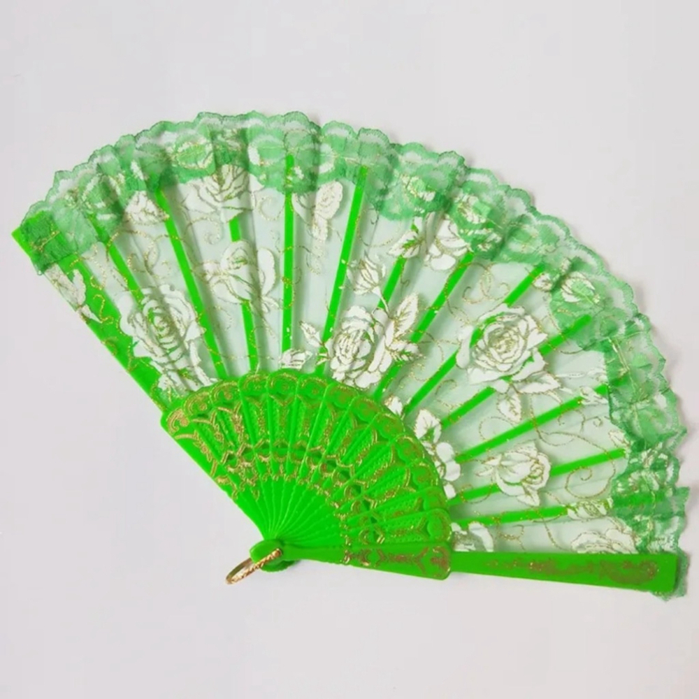 Folding Handheld Floral Lace Fan In Green
